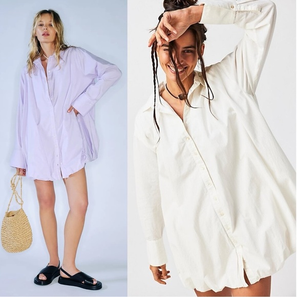 Free People Spring Bubble Hem Shirtdress in White Oversized Small Mini Dress NEW - Picture 1 of 13